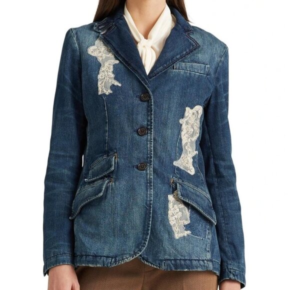 NWT Lauren Ralph Lauren Lace Patchwork Denim Indigo Button Blazer 8 - Picture 1 of 9